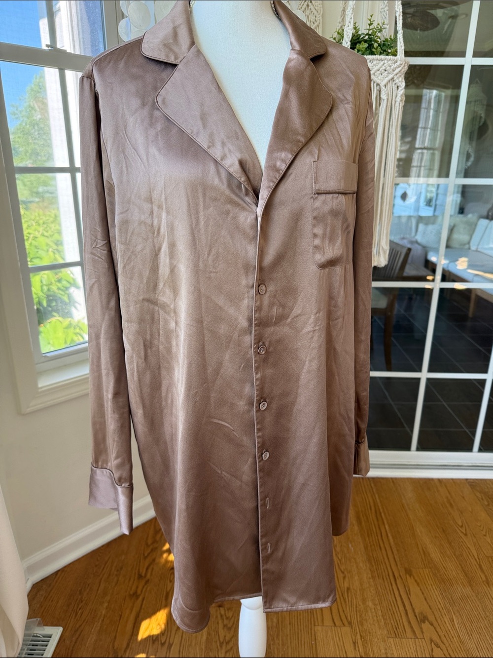 Silky Brown Button-Front Sleep Shirt